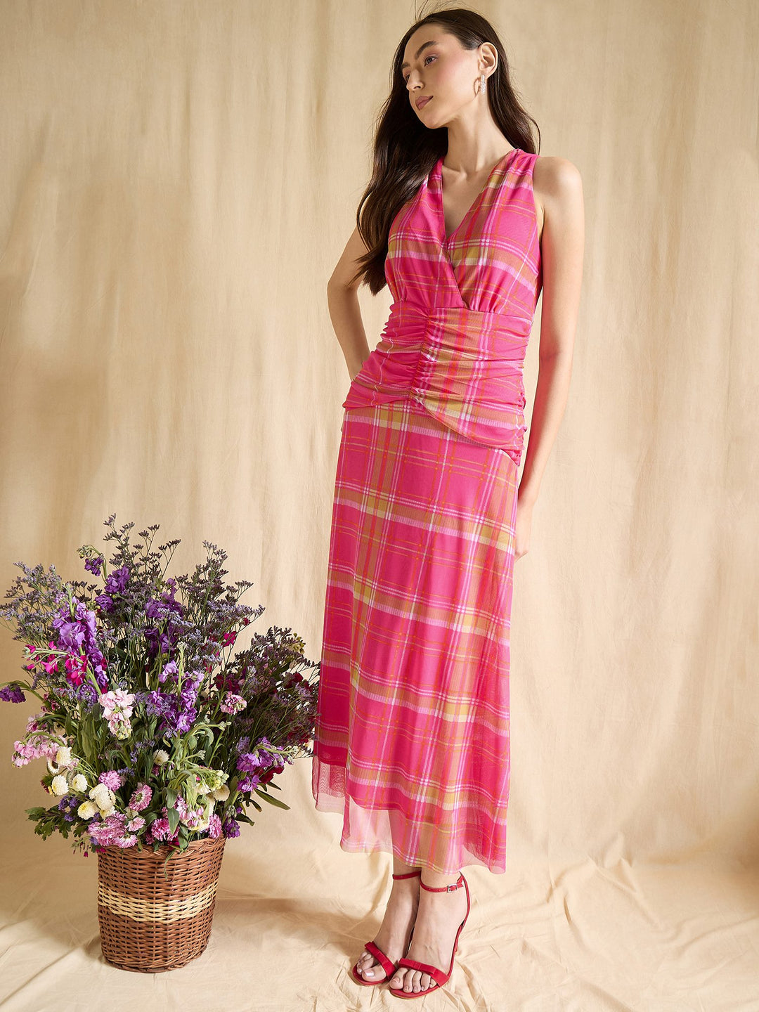 Pink Plaid Ruched Waist Sleeveless V-Neck Midi Dress Casual