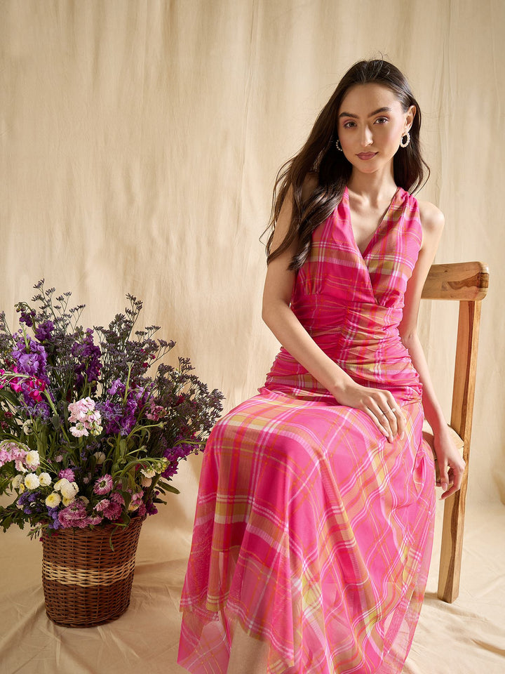 Pink Plaid Ruched Waist Sleeveless V-Neck Midi Dress Casual