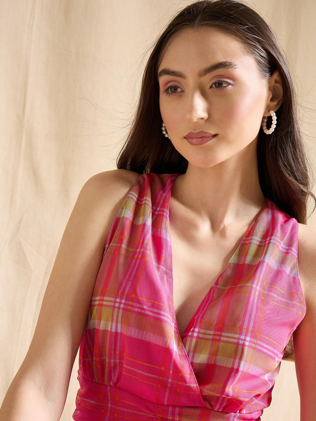 Pink Plaid Ruched Waist Sleeveless V-Neck Midi Dress Casual