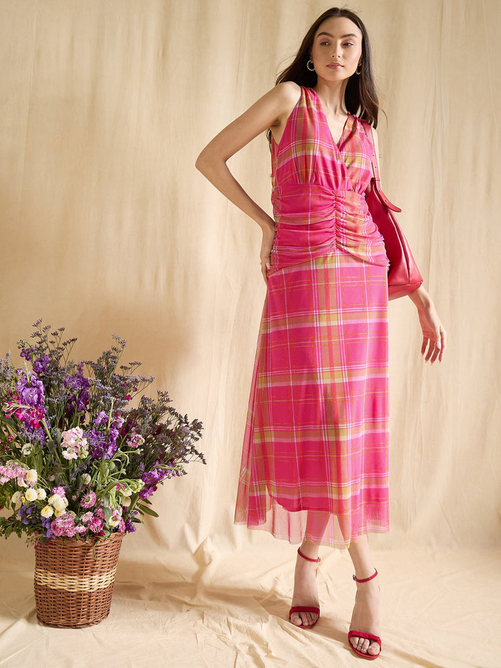 Pink Plaid Ruched Waist Sleeveless V-Neck Midi Dress Casual