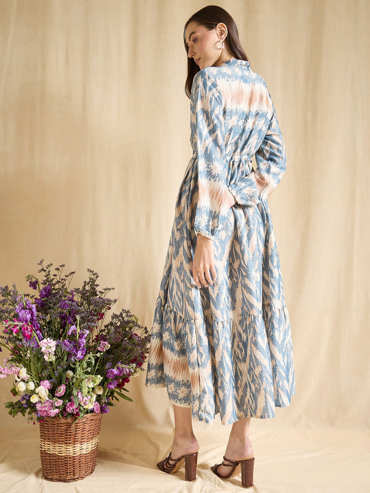 Blue Ikat Print Maxi Dress for Women with Tie Waist & Long Sleeves