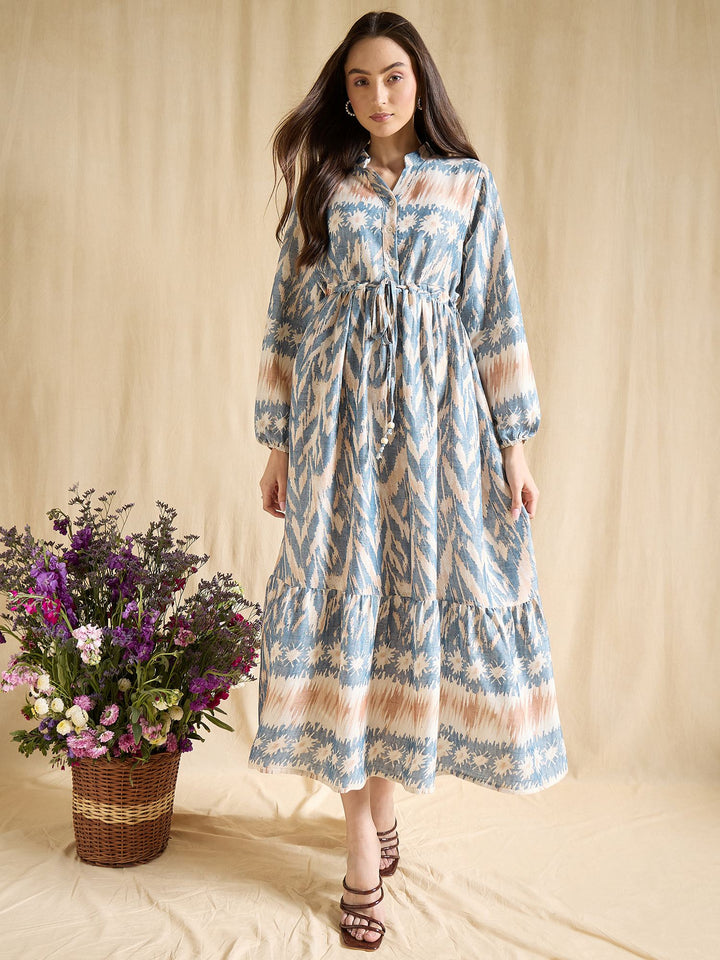 Blue Ikat Print Maxi Dress for Women with Tie Waist & Long Sleeves