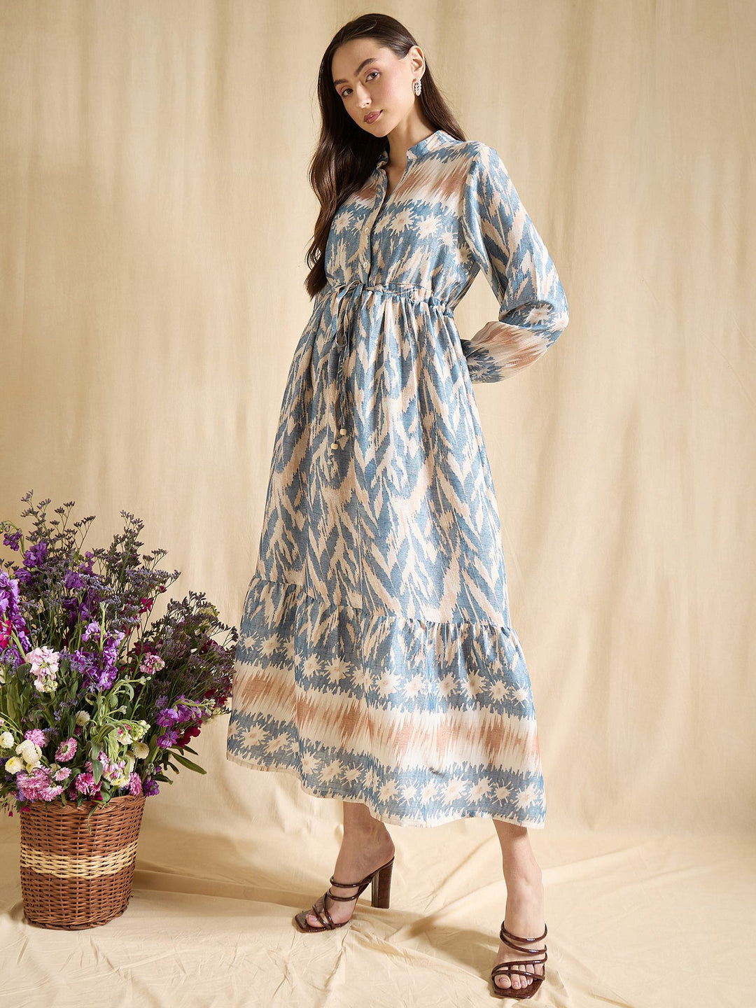 Blue Ikat Print Maxi Dress for Women with Tie Waist & Long Sleeves