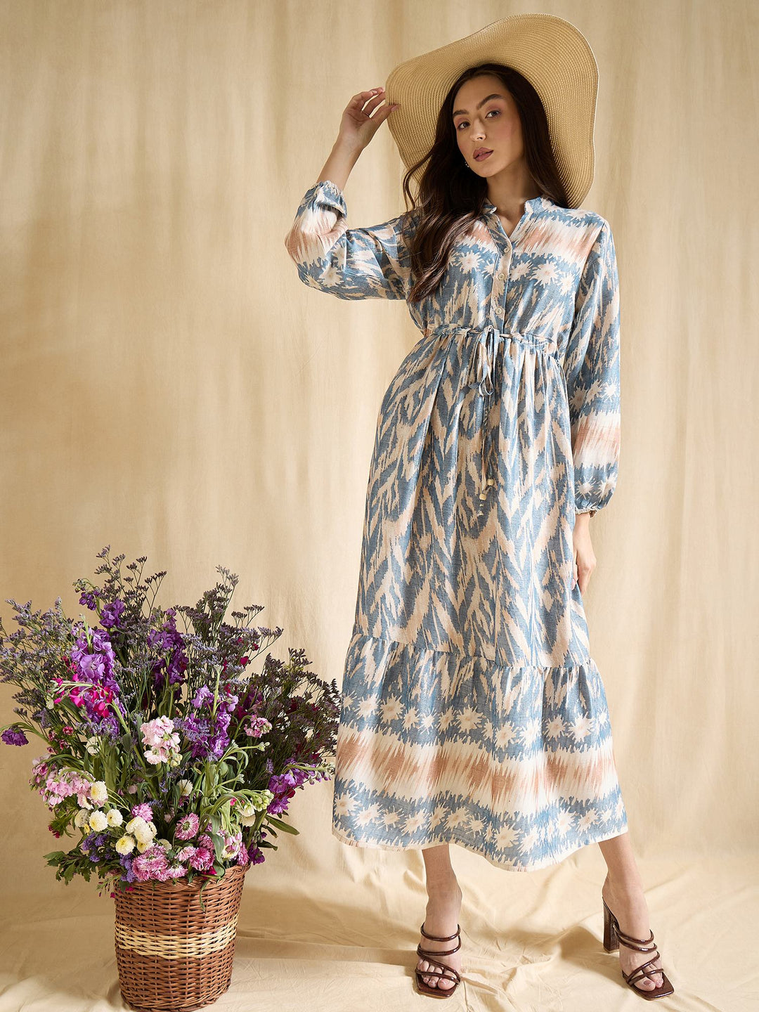 Blue Ikat Print Maxi Dress for Women with Tie Waist & Long Sleeves