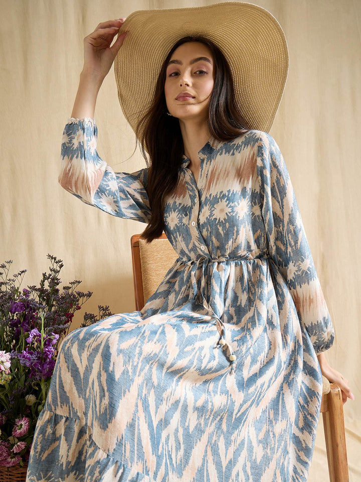 Blue Ikat Print Maxi Dress for Women with Tie Waist & Long Sleeves