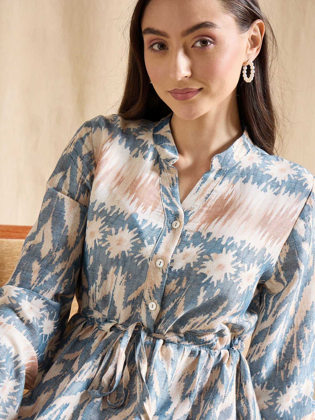 Blue Ikat Print Maxi Dress for Women with Tie Waist & Long Sleeves