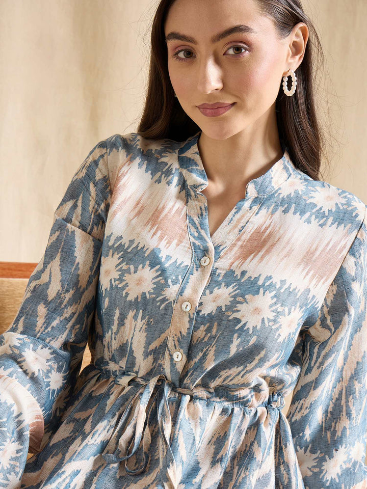 Blue Ikat Print Maxi Dress for Women with Tie Waist & Long Sleeves