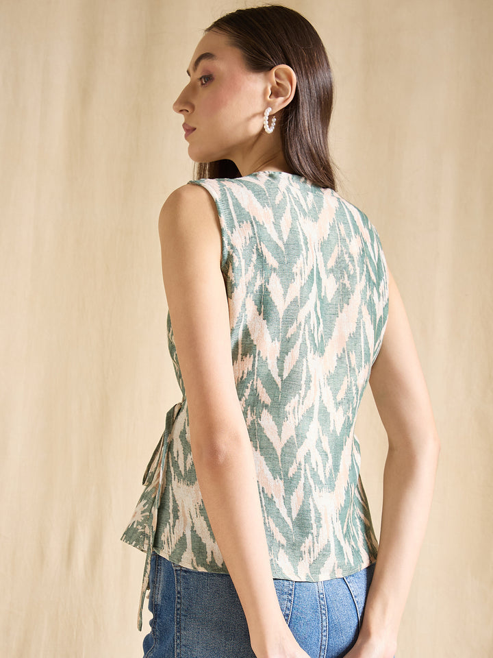 Blue Printed Wrap Top Sleeveless V-Neck Casual Summer Blouse