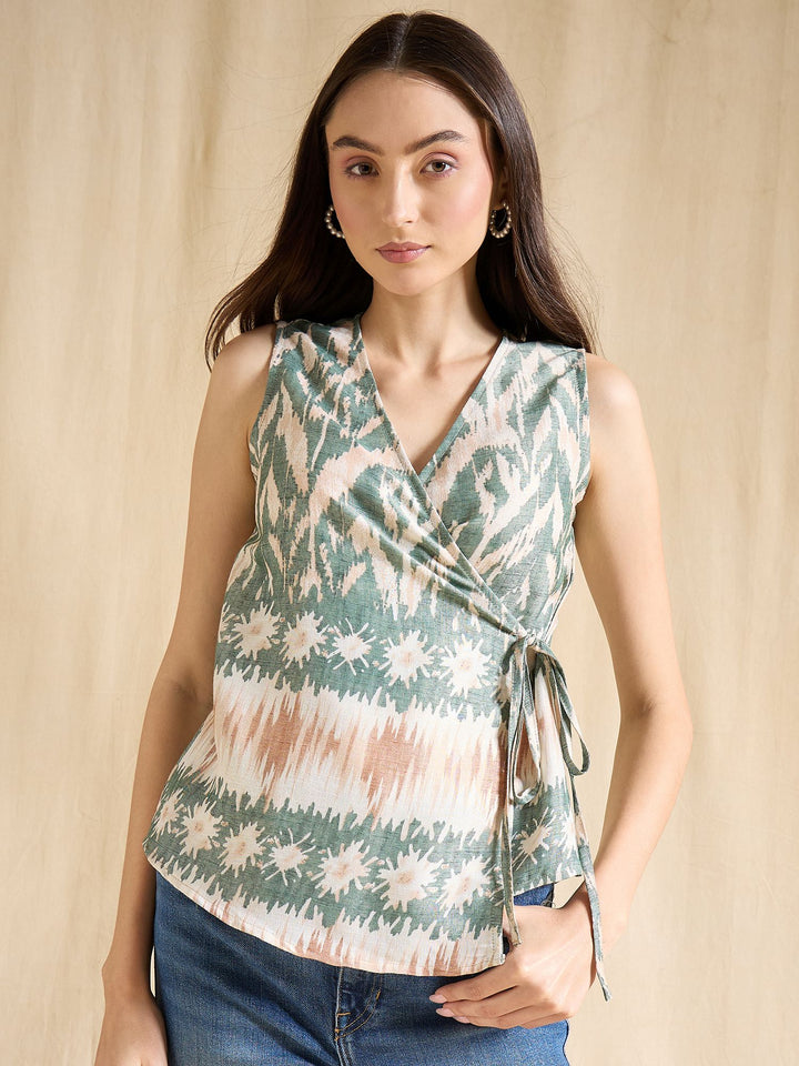 Blue Printed Wrap Top Sleeveless V-Neck Casual Summer Blouse