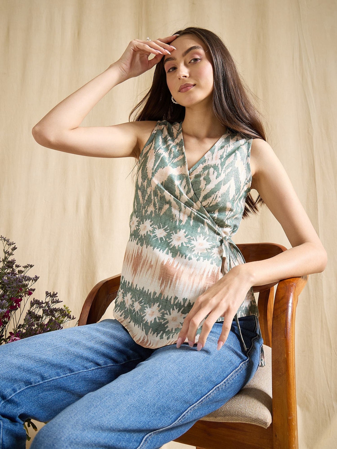 Blue Printed Wrap Top Sleeveless V-Neck Casual Summer Blouse