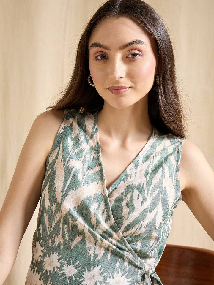 Blue Printed Wrap Top Sleeveless V-Neck Casual Summer Blouse