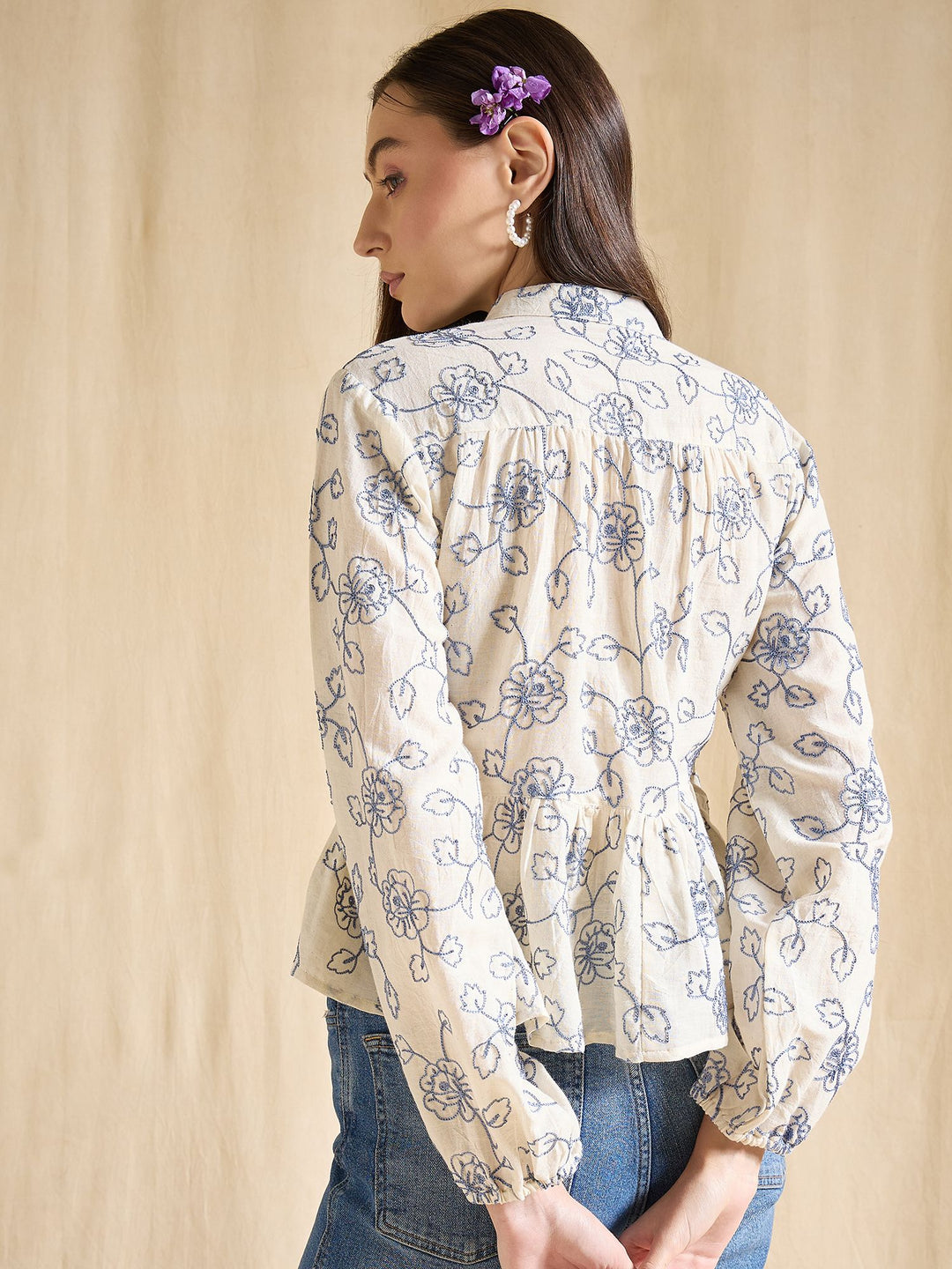 Floral Embroidered Cotton Peplum Top with Tie-Up Neck