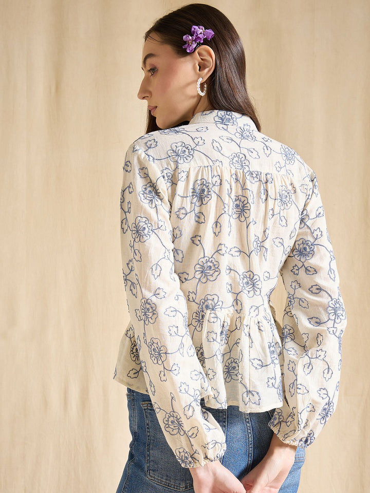 Floral Embroidered Cotton Peplum Top with Tie-Up Neck