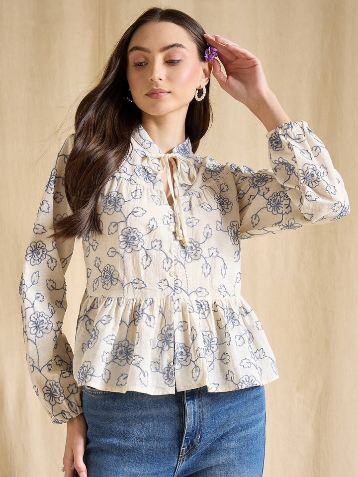 Floral Embroidered Cotton Peplum Top with Tie-Up Neck