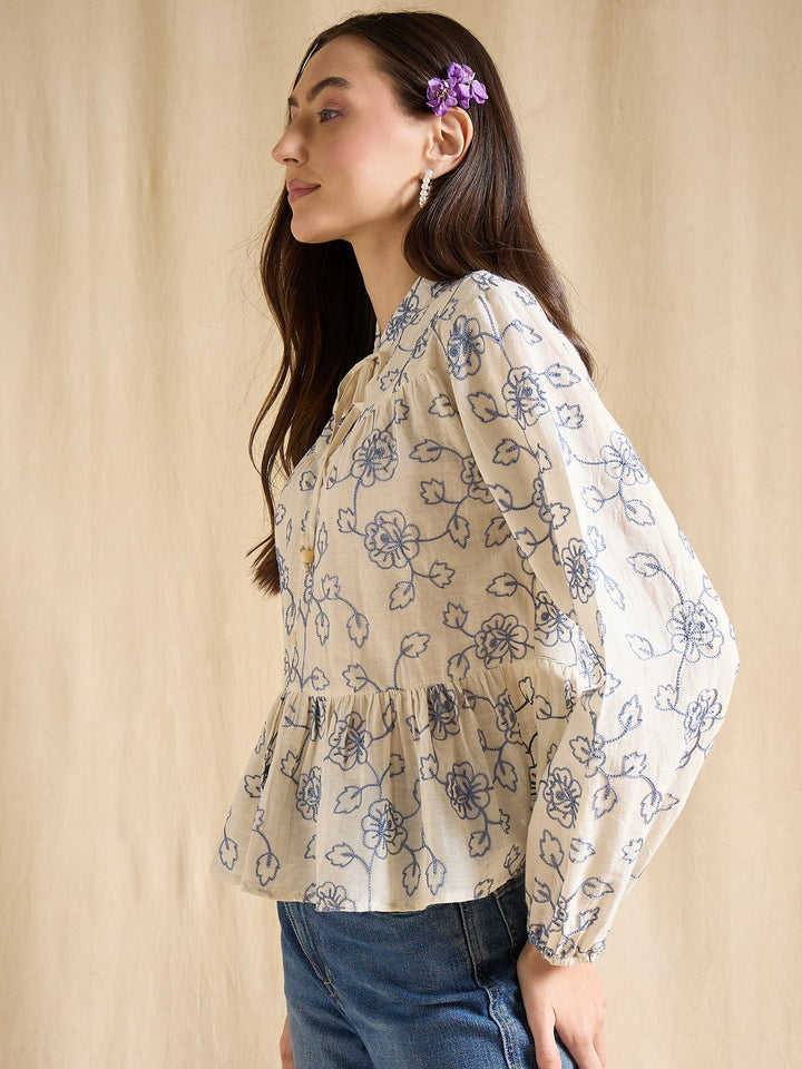 Floral Embroidered Cotton Peplum Top with Tie-Up Neck