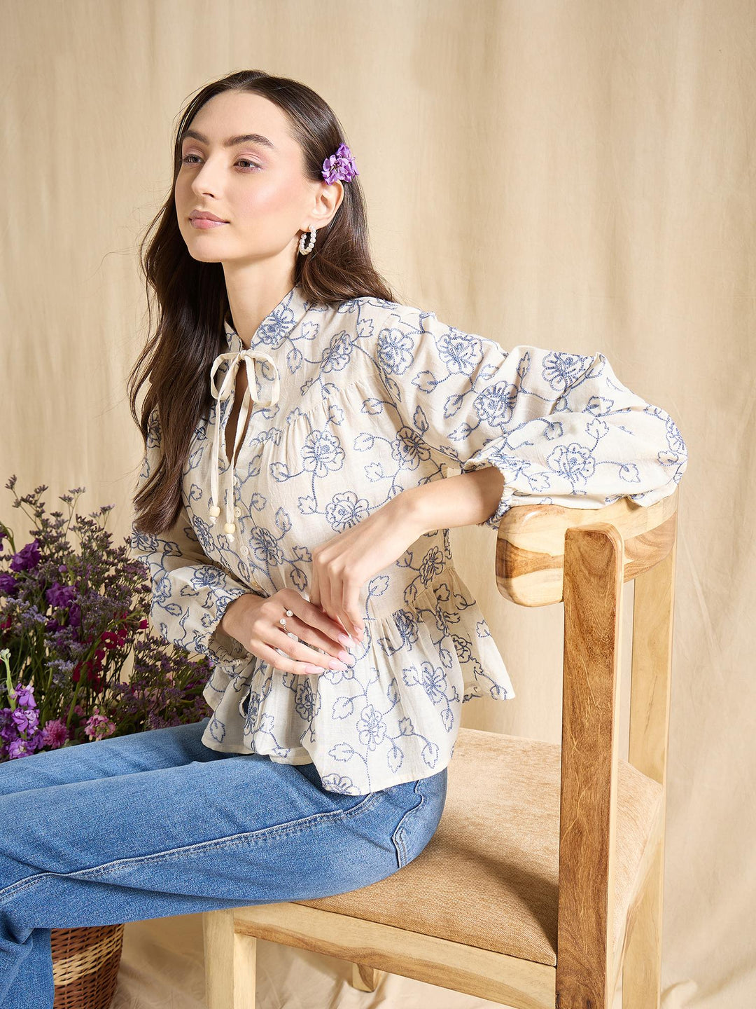 Floral Embroidered Cotton Peplum Top with Tie-Up Neck