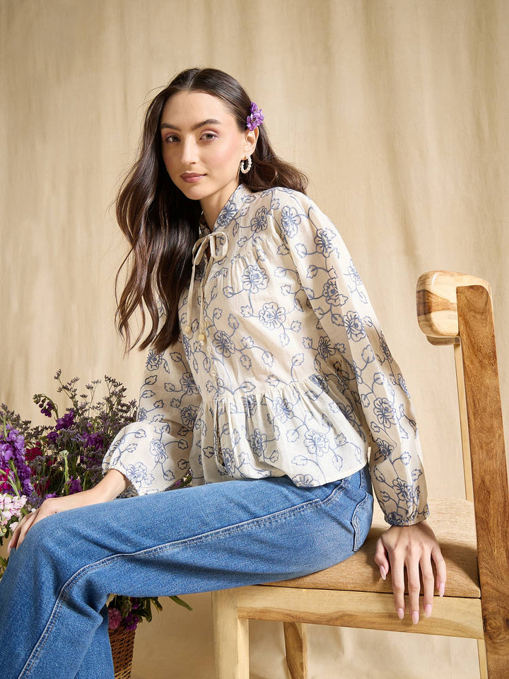 Floral Embroidered Cotton Peplum Top with Tie-Up Neck
