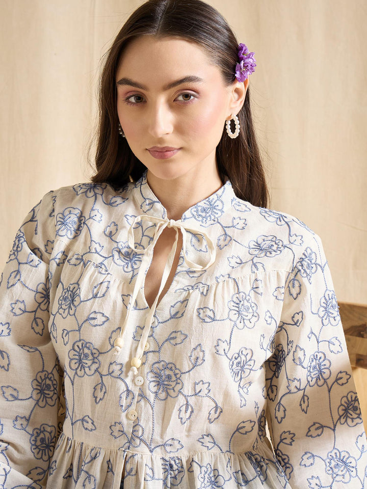 Floral Embroidered Cotton Peplum Top with Tie-Up Neck