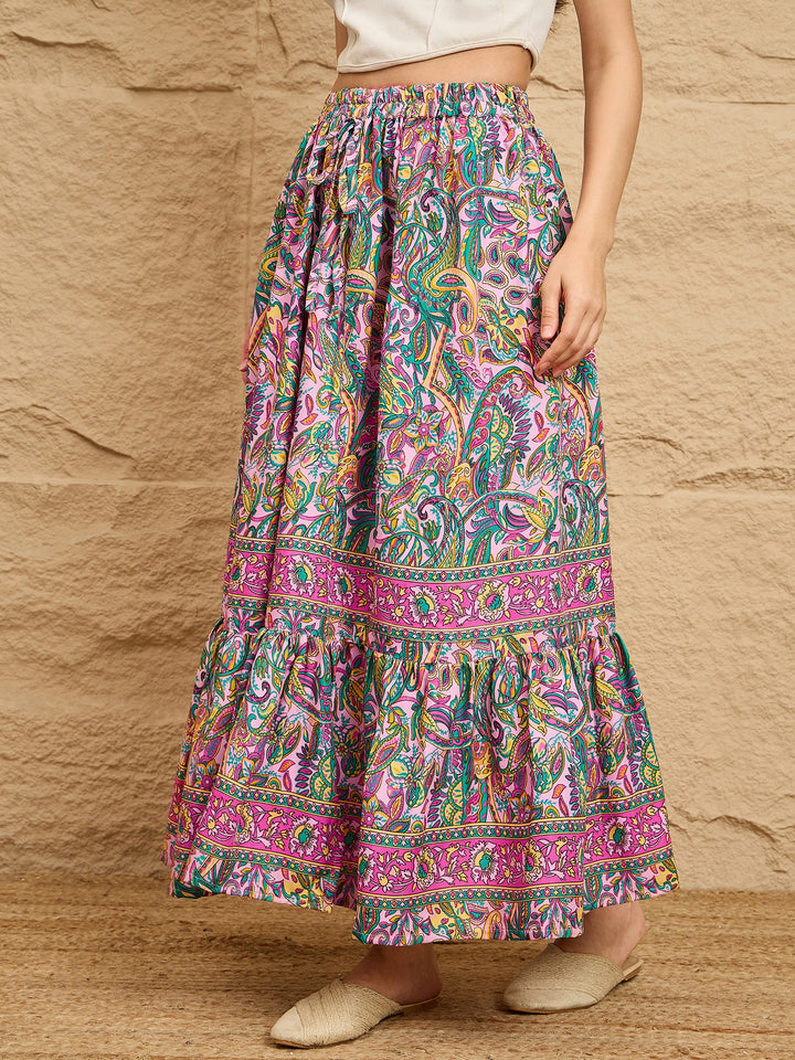 Multicolor Paisley Printed Tiered Maxi Skirt