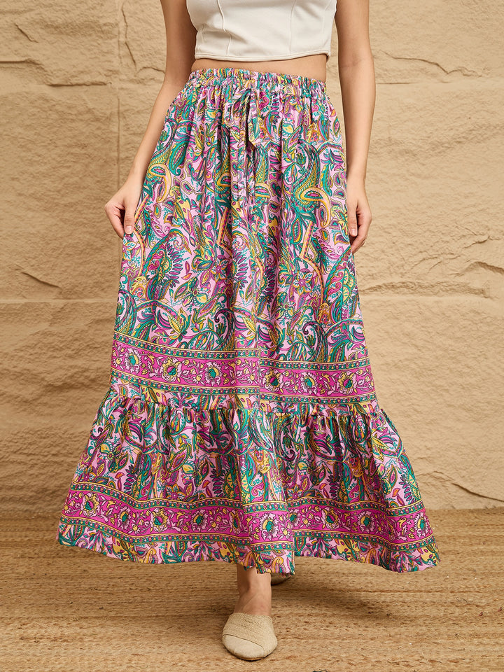 Multicolor Paisley Printed Tiered Maxi Skirt