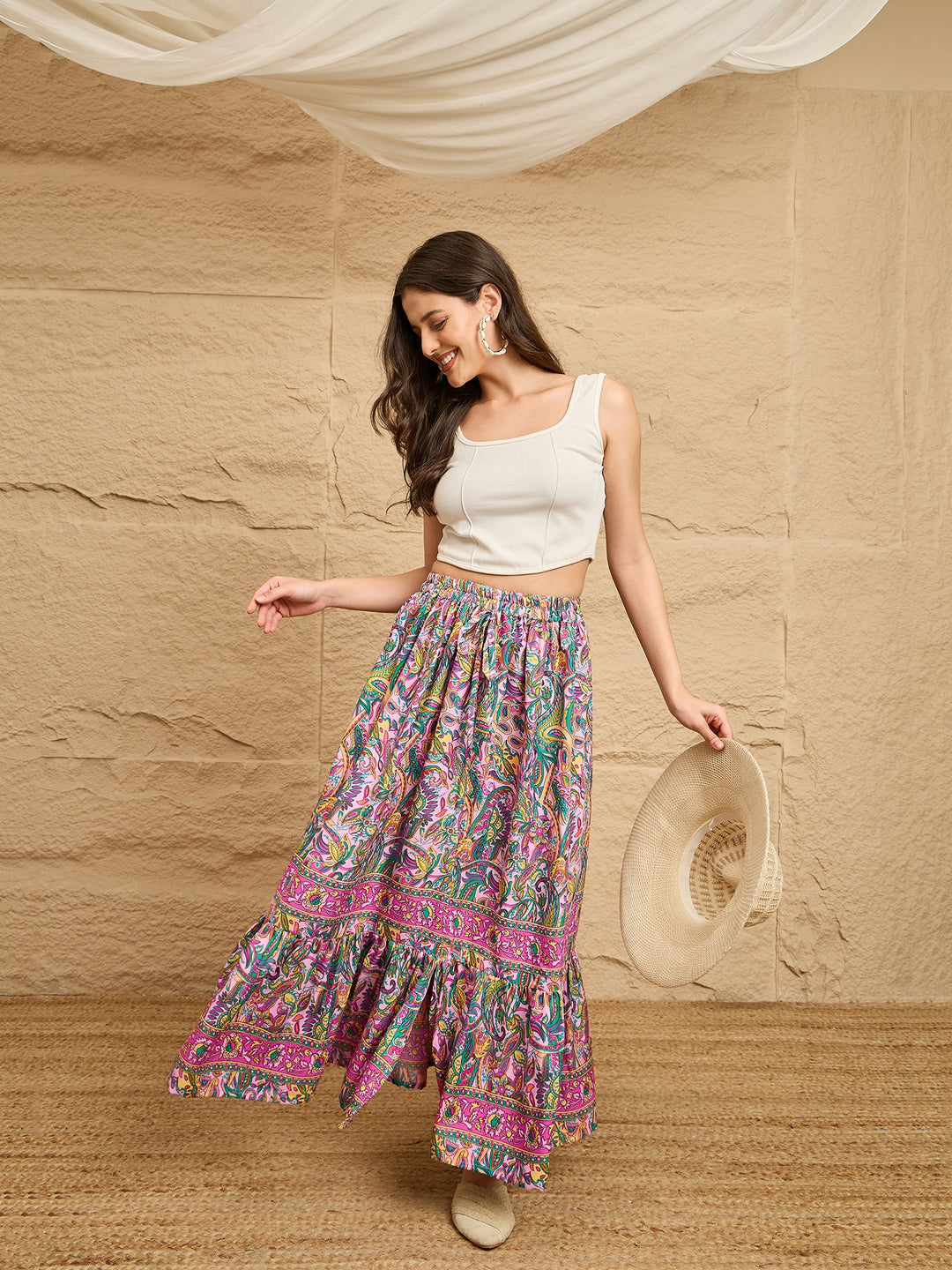 Multicolor Paisley Printed Tiered Maxi Skirt