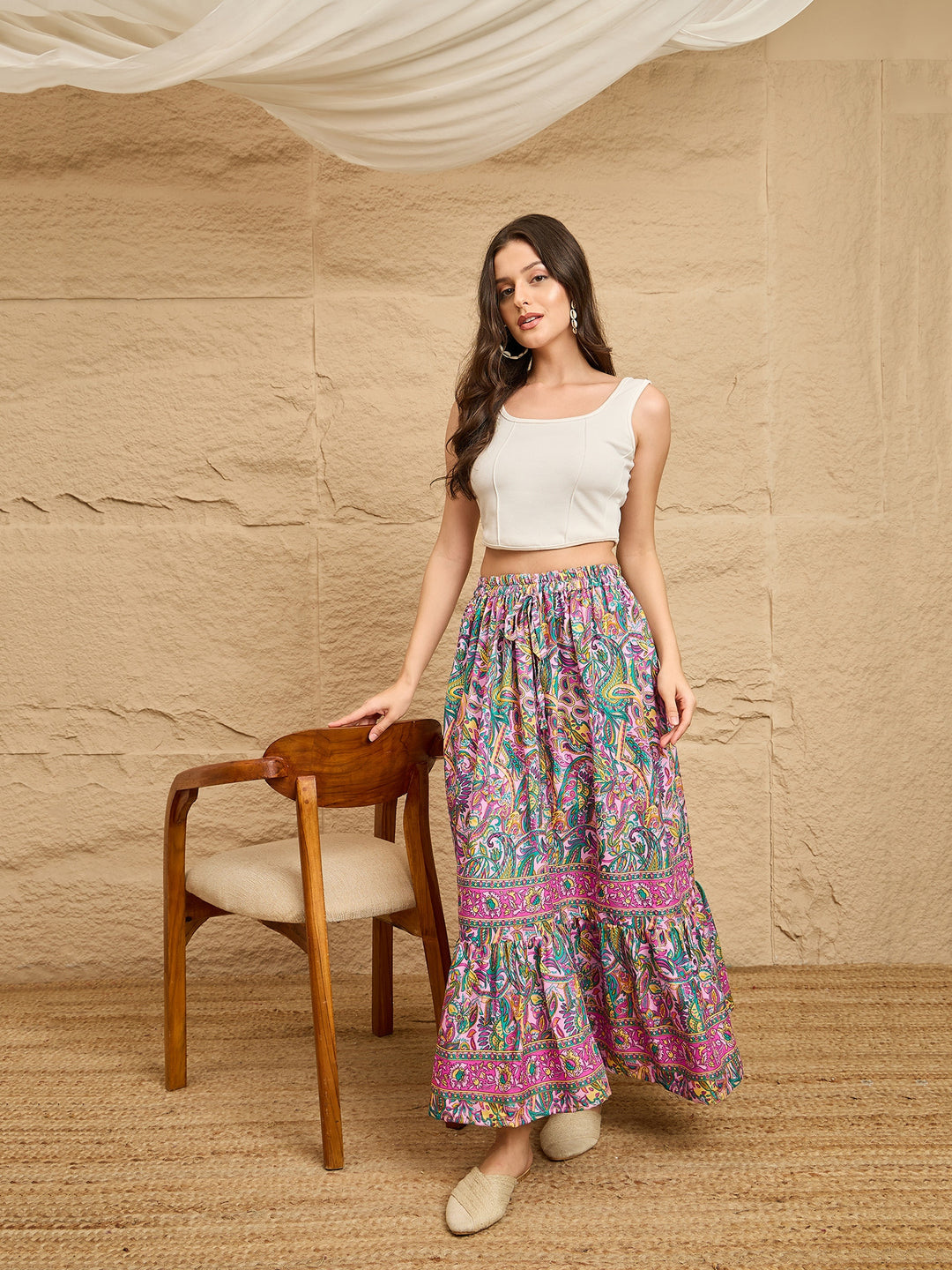 Multicolor Paisley Printed Tiered Maxi Skirt