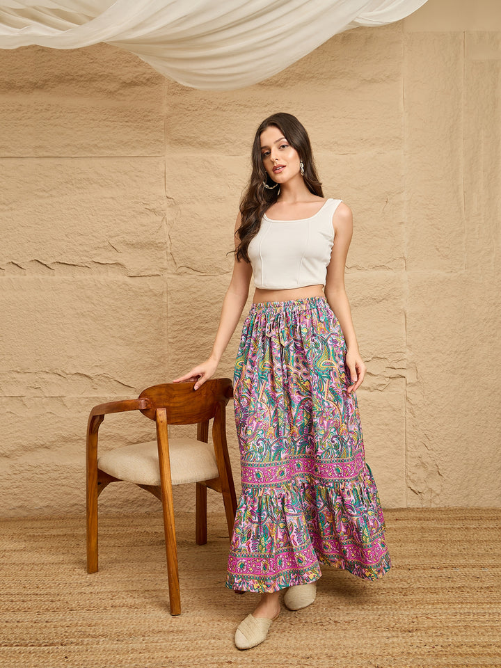 Multicolor Paisley Printed Tiered Maxi Skirt