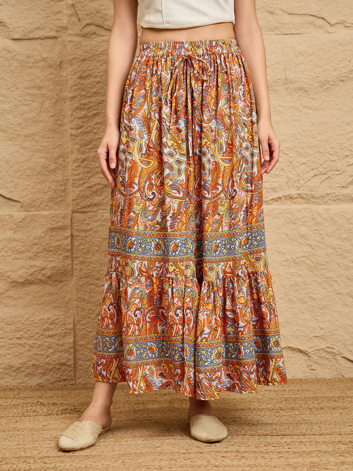 Multicolor Paisley Printed Tiered Maxi Skirt