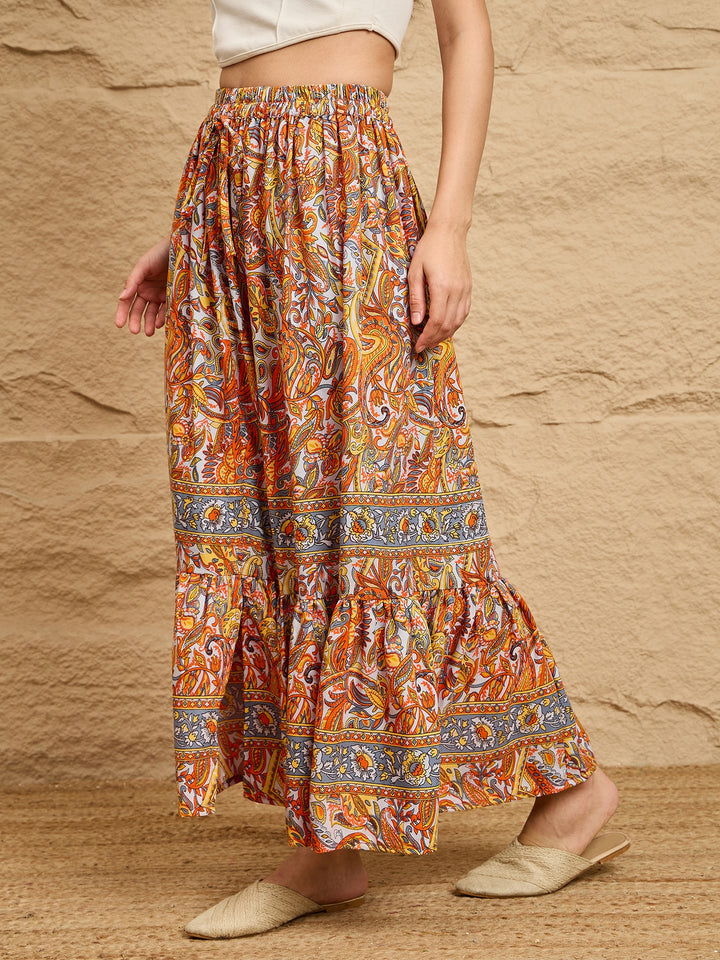 Multicolor Paisley Printed Tiered Maxi Skirt
