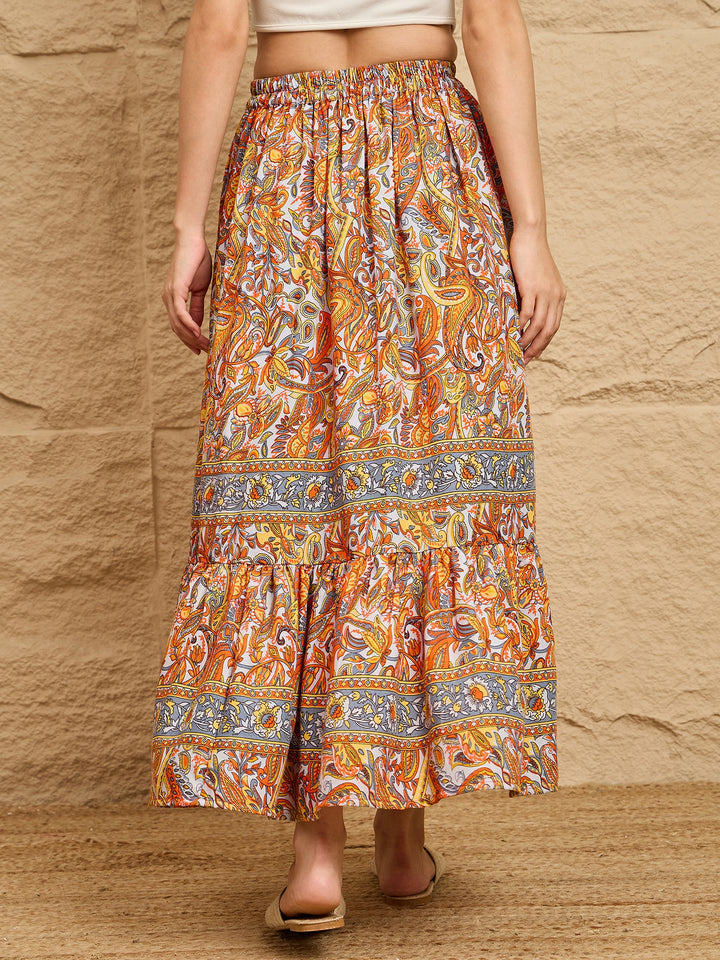 Multicolor Paisley Printed Tiered Maxi Skirt