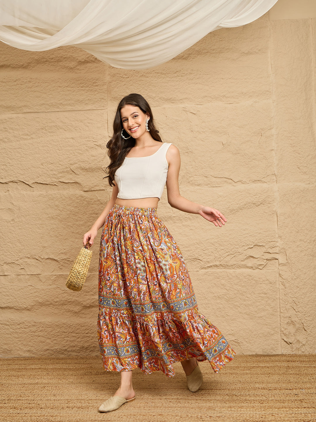 Multicolor Paisley Printed Tiered Maxi Skirt