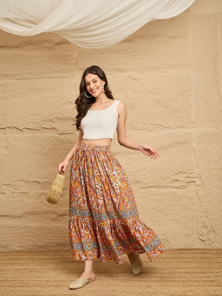 Multicolor Paisley Printed Tiered Maxi Skirt