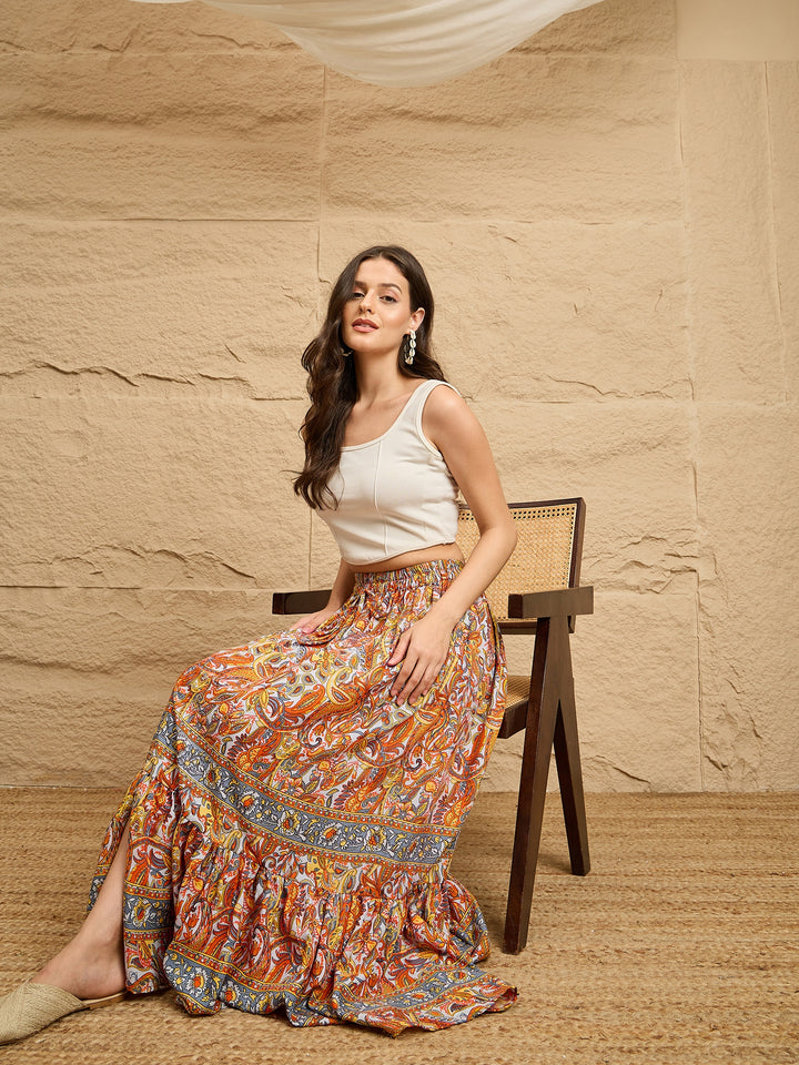 Multicolor Paisley Printed Tiered Maxi Skirt