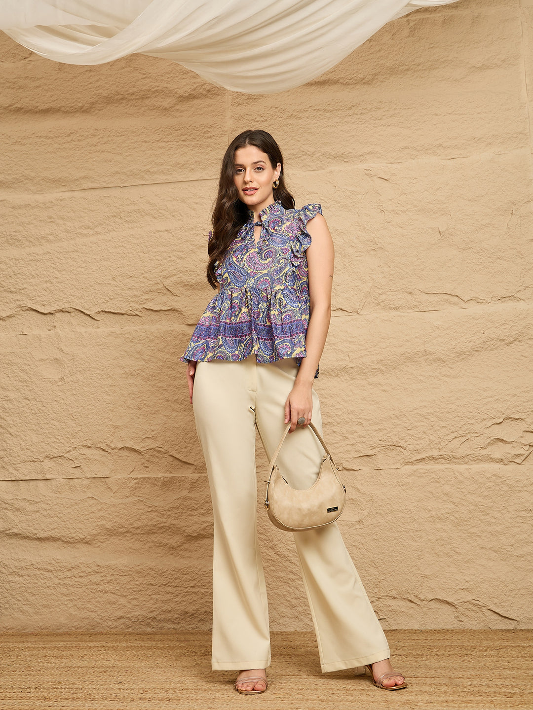 Multicolor Paisley Print Ruffled Sleeveless Peplum Top