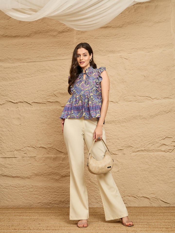 Multicolor Paisley Print Ruffled Sleeveless Peplum Top