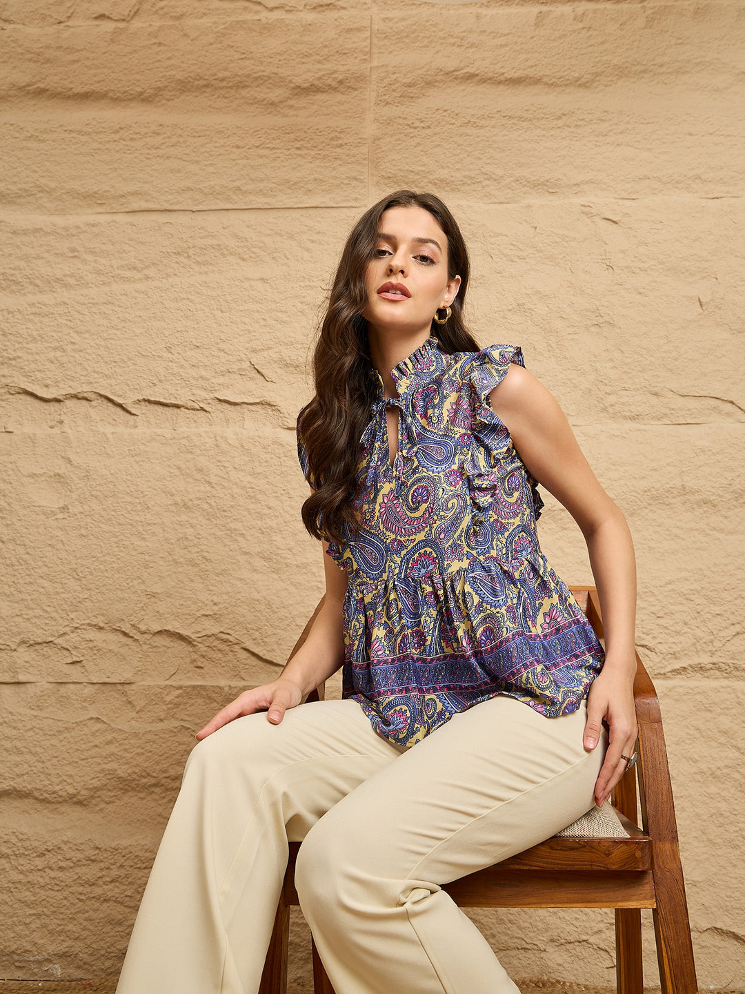 Multicolor Paisley Print Ruffled Sleeveless Peplum Top