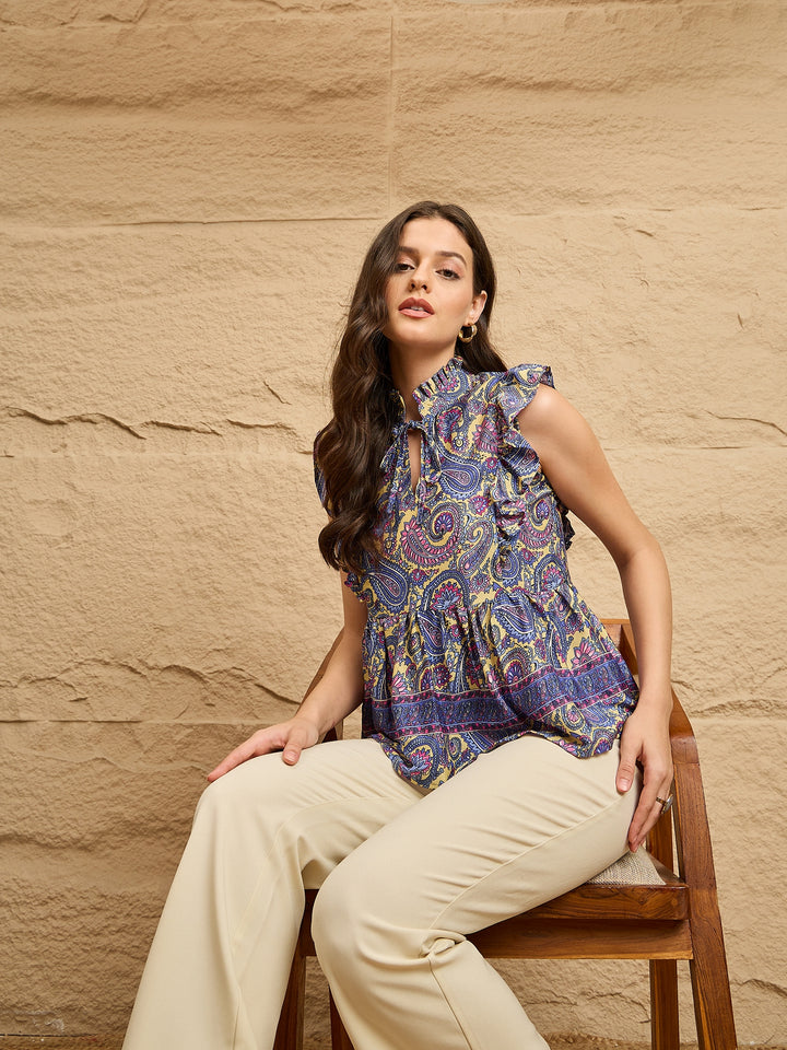 Multicolor Paisley Print Ruffled Sleeveless Peplum Top