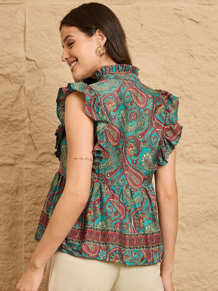 Multicolor Paisley Print Ruffled Sleeveless Peplum Top