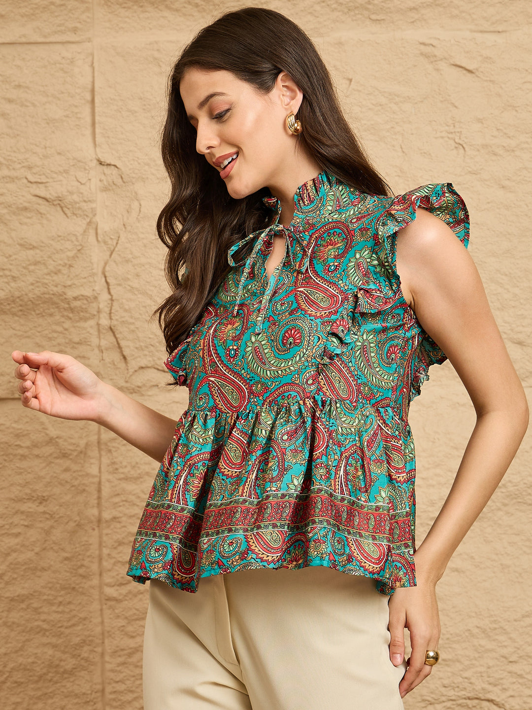 Multicolor Paisley Print Ruffled Sleeveless Peplum Top