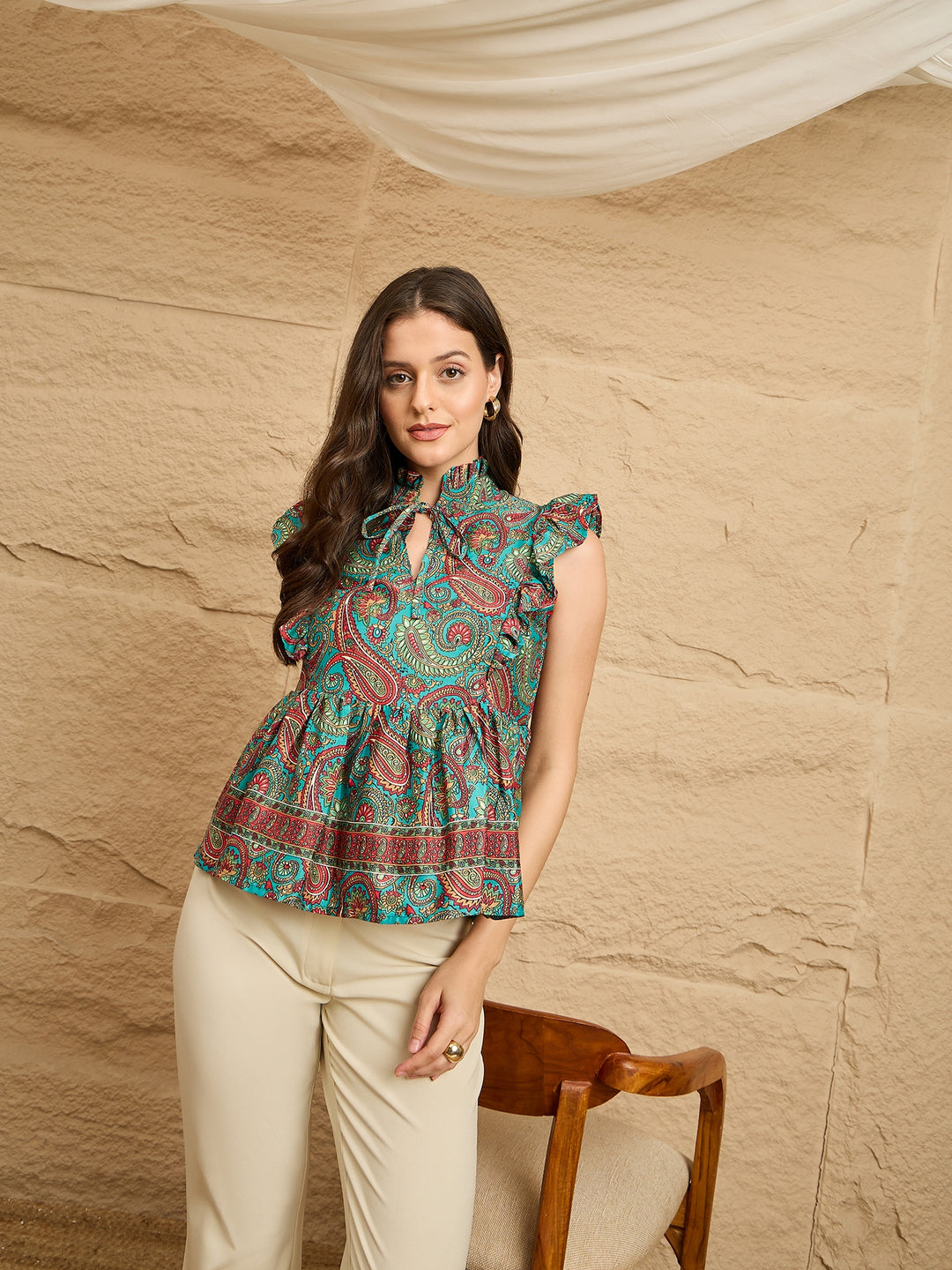 Multicolor Paisley Print Ruffled Sleeveless Peplum Top