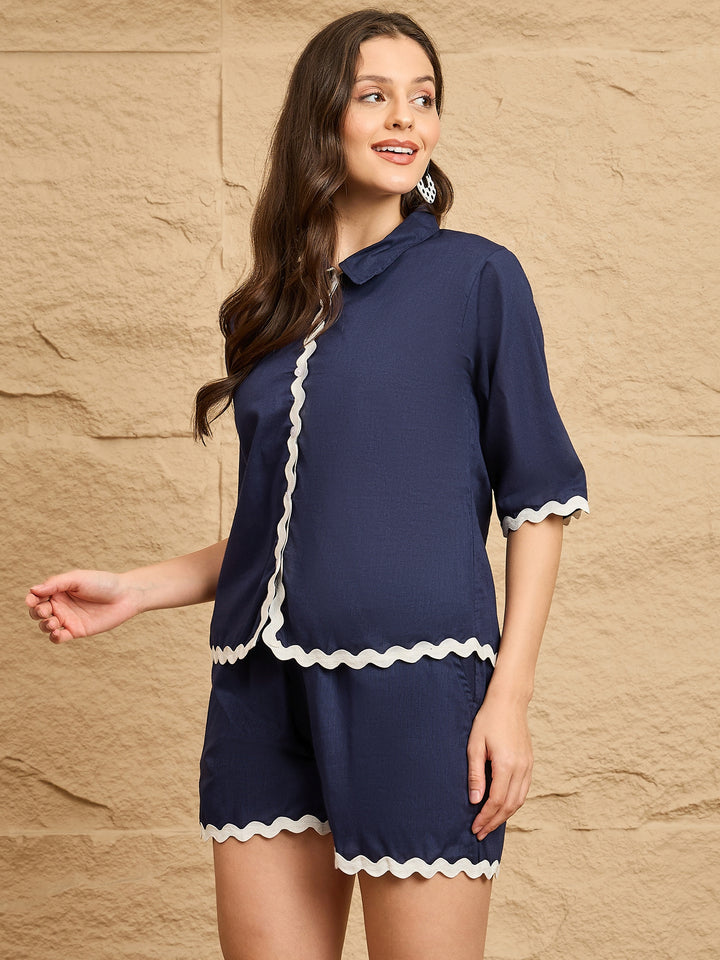 Navy Scallop Trim Co-Ord Set for Women | Chic Casual Outfit