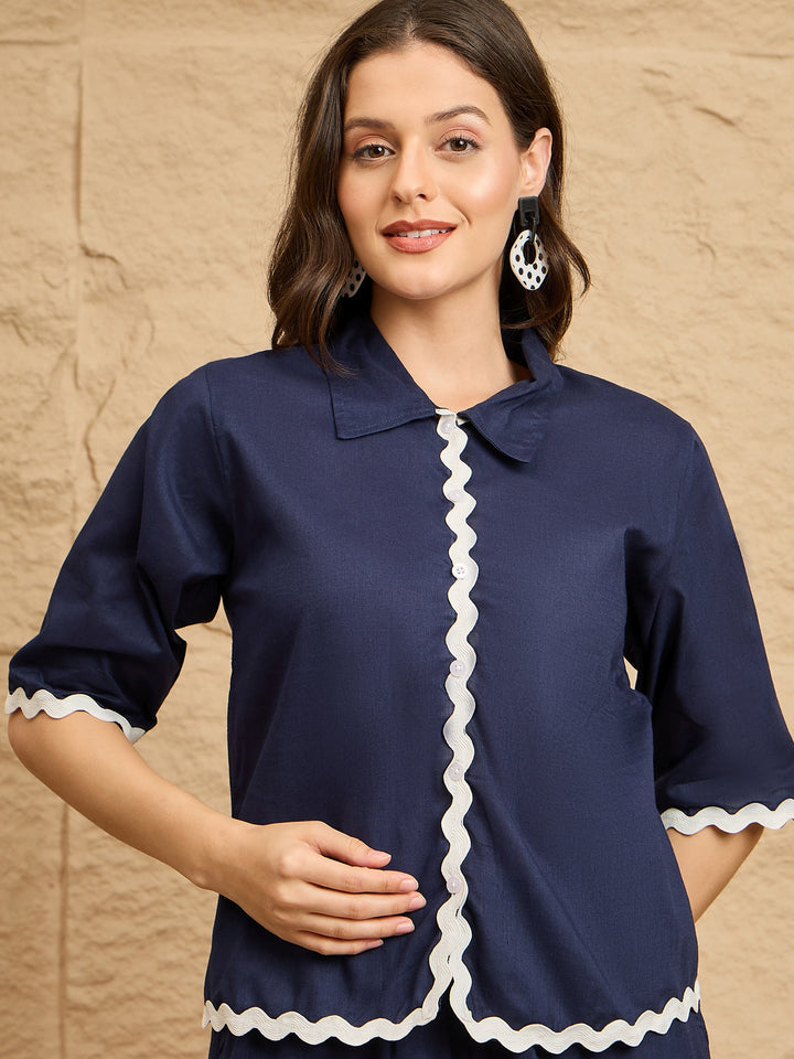 Navy Scallop Trim Co-Ord Set for Women | Chic Casual Outfit