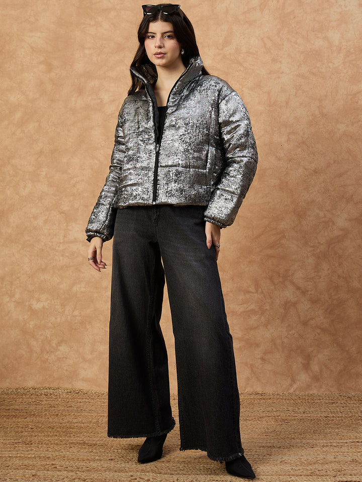 Women's Grey High-Neck Puffer Jacket