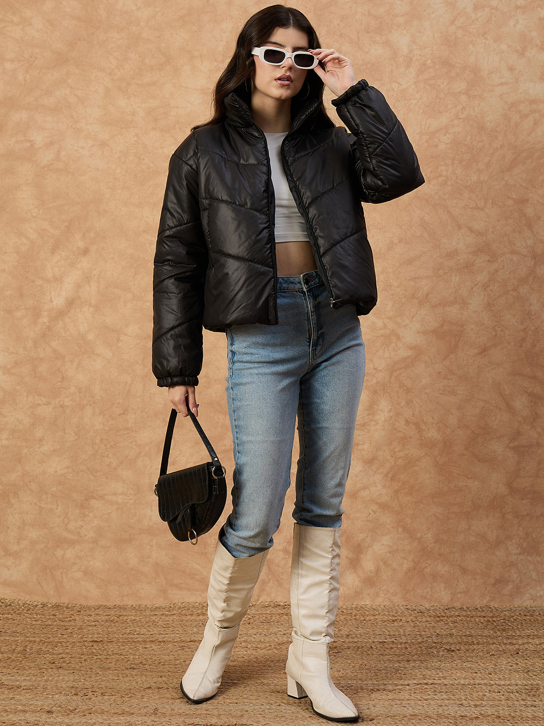 Women's  Blue High-Neck Puffer Jacket