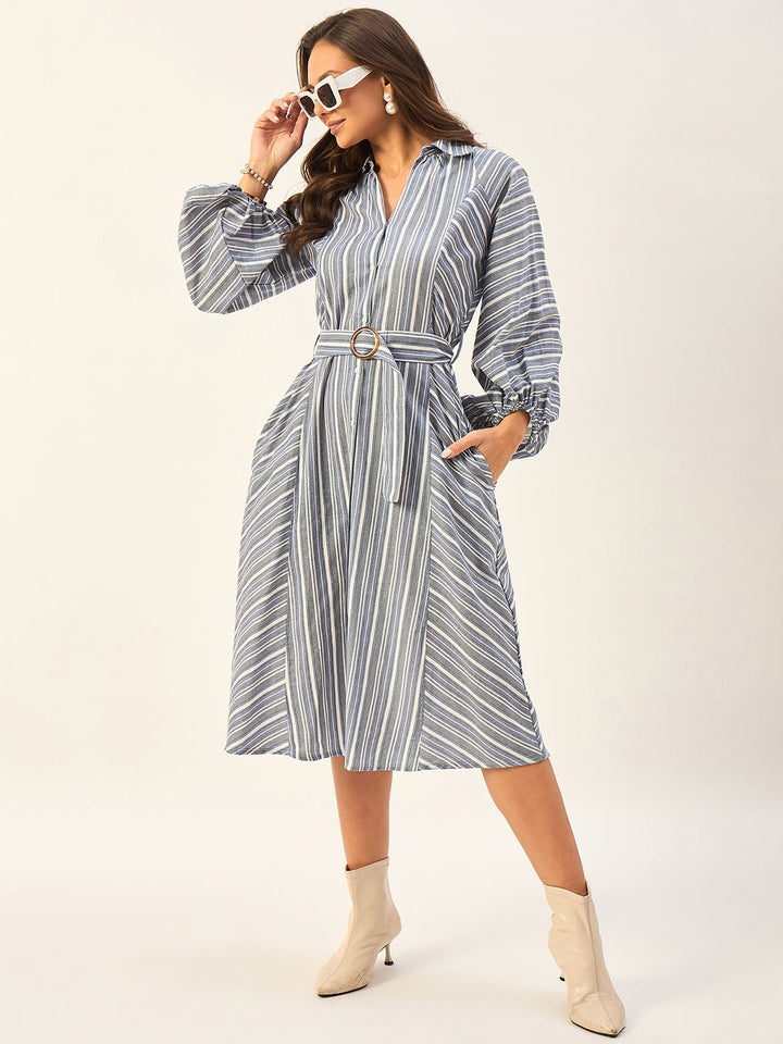 100% COTTON STRIPED DRESS WITH BALLOON SLEEVES AND BELT