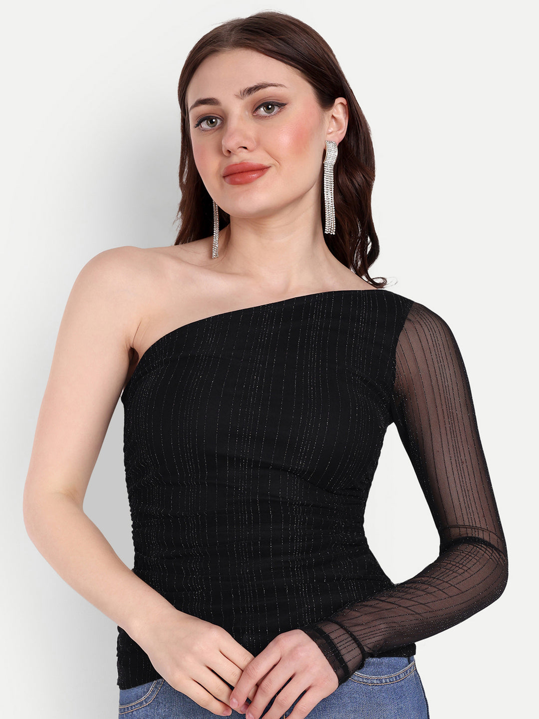 Stretchable shimmer net one-shoulder top