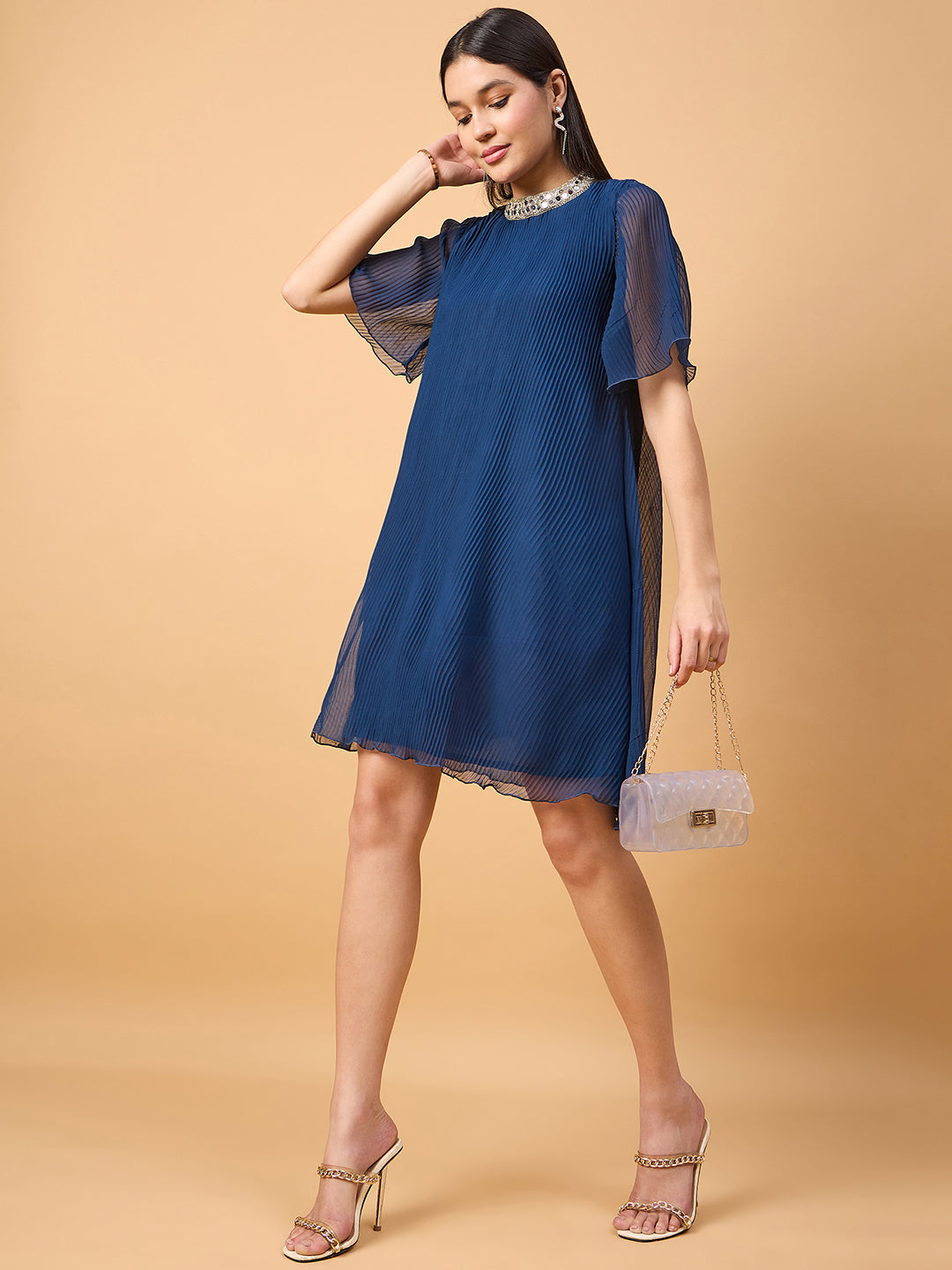 A-LINE SHORT DRESS WITH EMBELLISHED NECKLINE