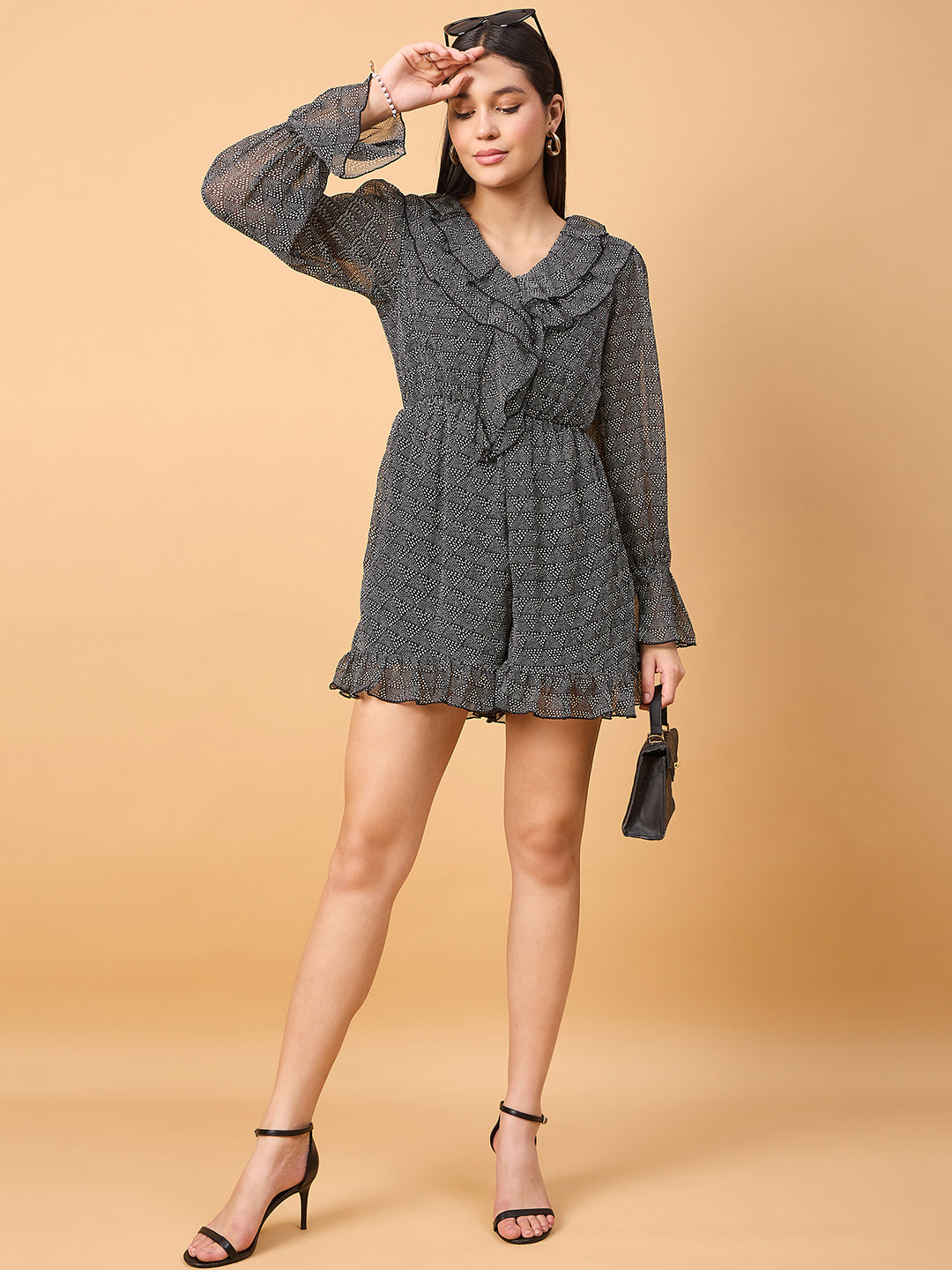 Printed V neck full sleeves romper with ruffles