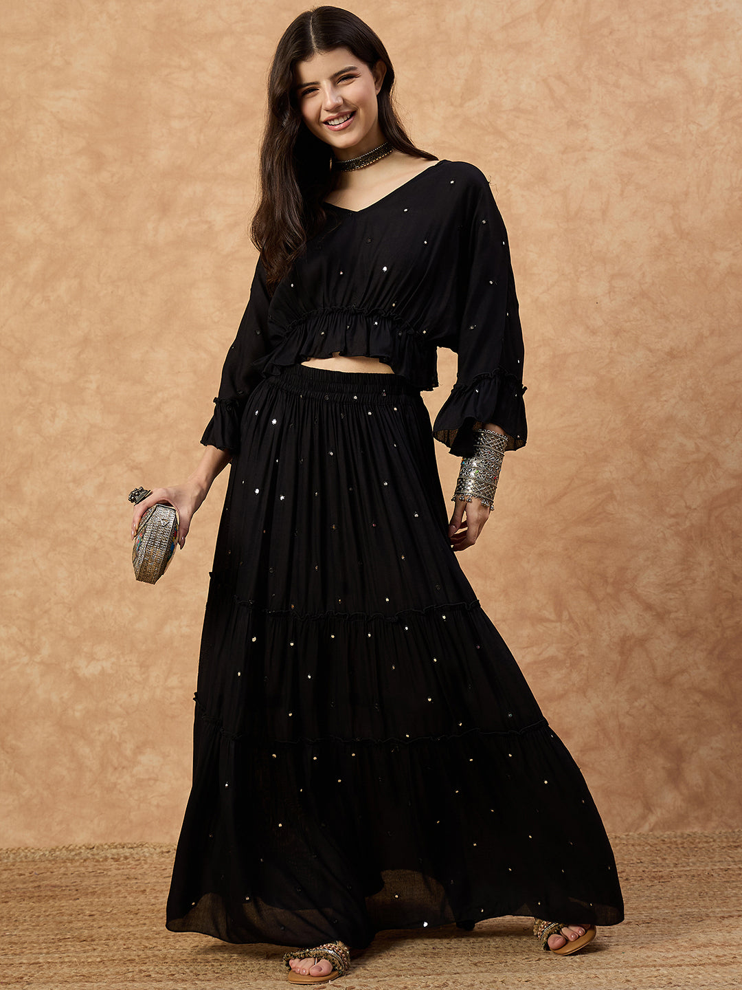 Women’s Black Rayon Co-ord Set with Mirror Work