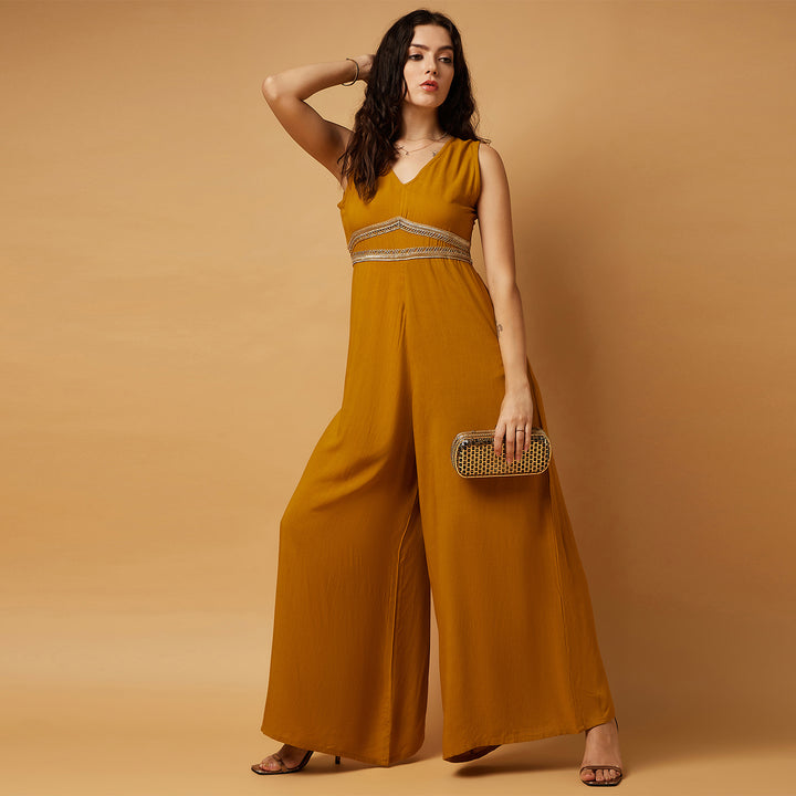 V' Neck Solid Flare Jumpsuit With Embellishment